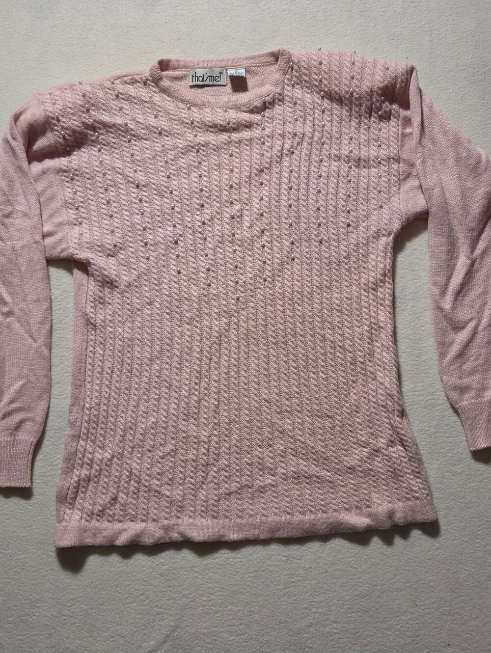Pink Long Sleeve Knit Sweater with Pearl Accents